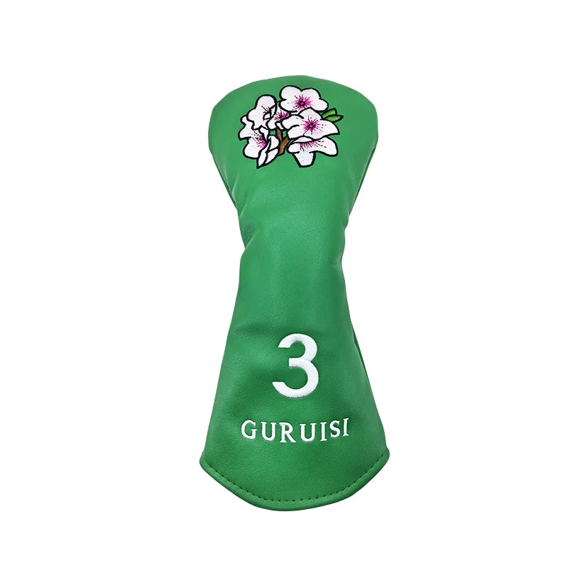 flower embroidery golf club head covers featuring detailed flower design for driver and fairway woods protection.