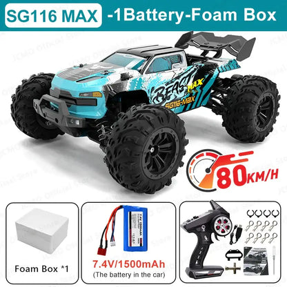 high speed remote control car SG116 MAX features 80KM/H speed, remote control, and included accessories.