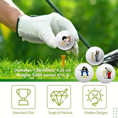 Funny golf balls gift set with unique designs, showcased on a golf course, emphasizing their standard size and playful themes.