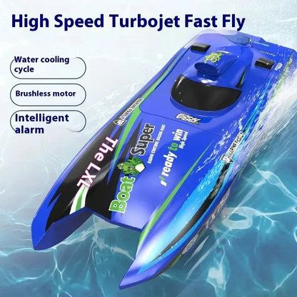 TX768 RC Boat in blue, featuring a high-speed turbojet brushless motor and water cooling system.