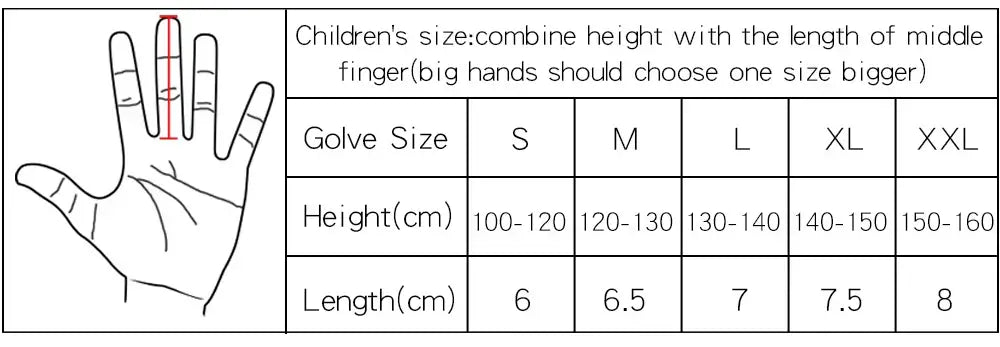 Size chart for 1 Pair Golf Gloves Kids Junior detailing glove sizes and measurements for children's hands.