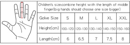 Size chart for 1 Pair Golf Gloves Kids Junior detailing glove sizes and measurements for children's hands.