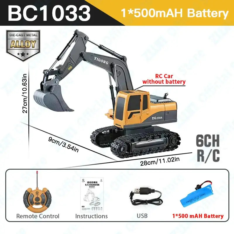 ZWN 2.4G Remote Control Excavator with RC car without battery and accessories like remote control, USB, and instructions