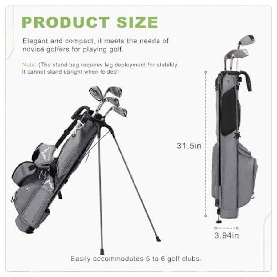 Product size illustration of the Sunday Golf Bag with Stand, showcasing dimensions and capacity for 5 to 6 golf clubs.