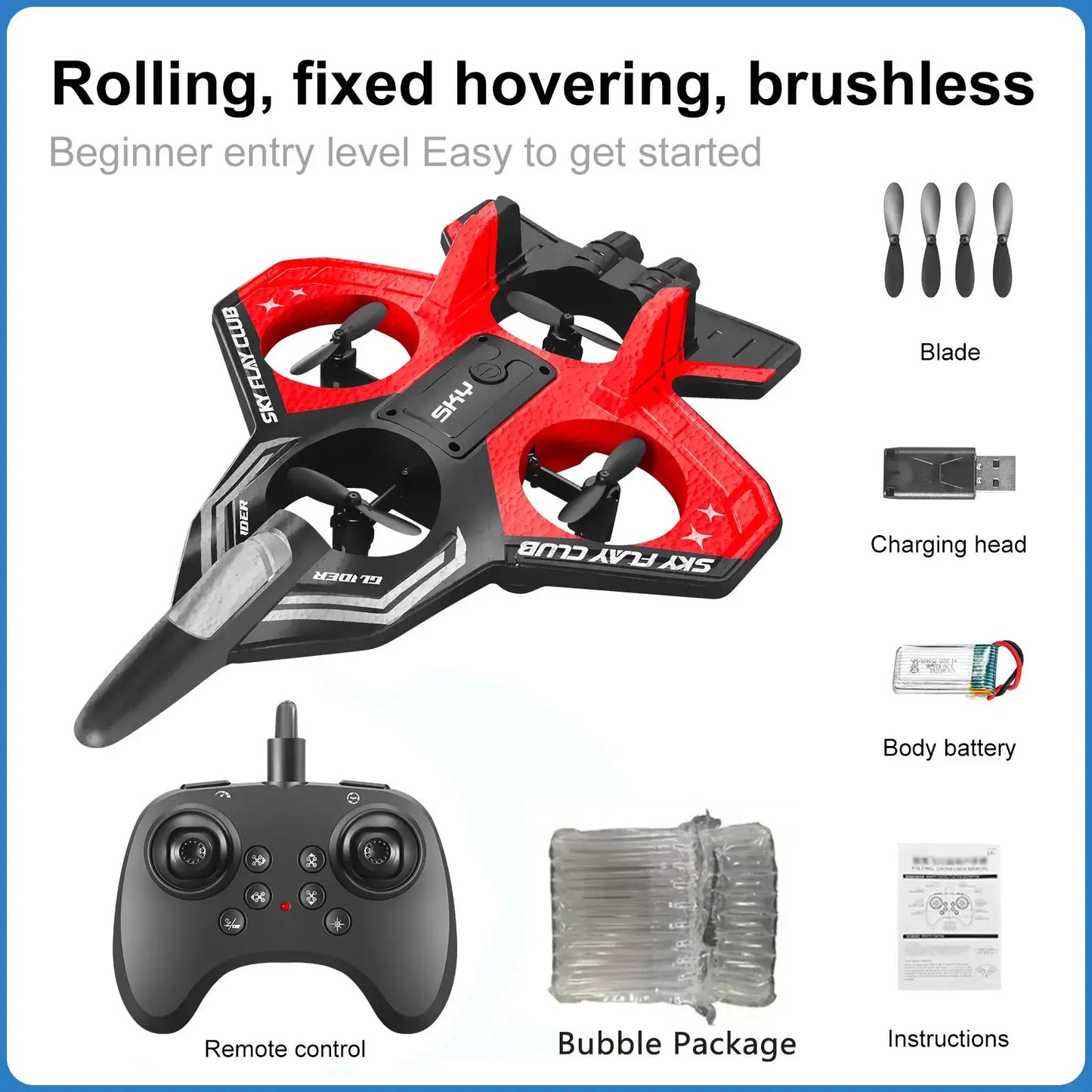 YP3 foam aircraft drone with remote control, charging head, and accessories for beginners.