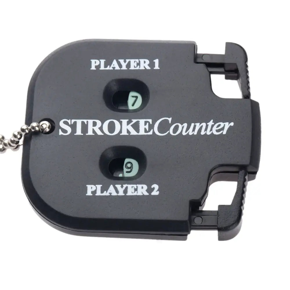 Portable golf stroke counter showing Player 1 and Player 2 stroke counts on a durable black design.