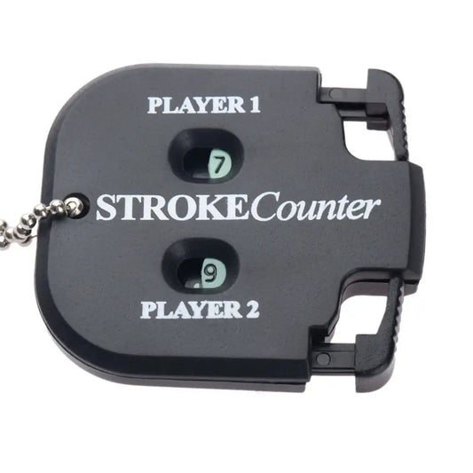 Portable golf stroke counter showing Player 1 and Player 2 stroke counts on a durable black design.