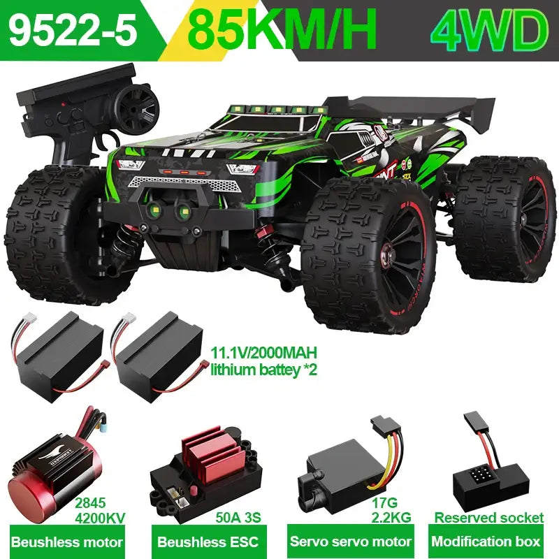 PRO 85KMH High Speed RC Car with 4WD, brushless motor, and dual lithium batteries, ideal for off-road adventures.