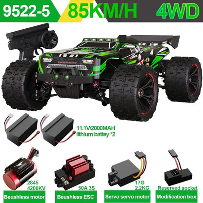 PRO 85KMH High Speed RC Car with 4WD, brushless motor, and dual lithium batteries, ideal for off-road adventures.