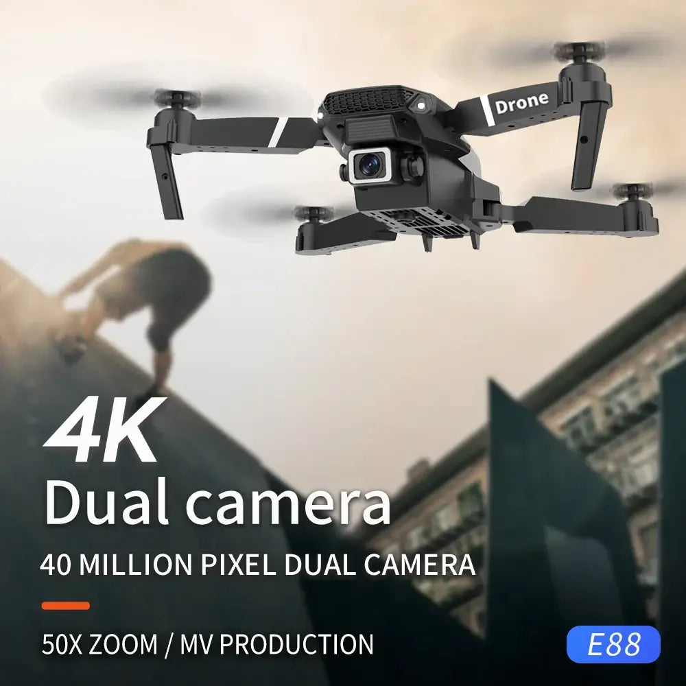 Professional mini drone with obstacle avoidance E88 flying, showcasing 4K dual camera and advanced features.
