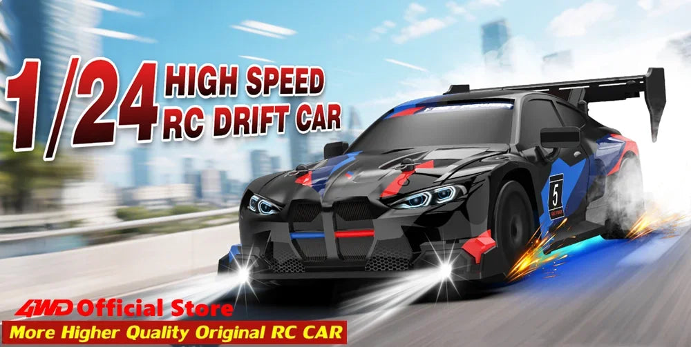 1:24 high speed RC drift car for kids showcasing its sleek design and 4WD performance on a racing track.
