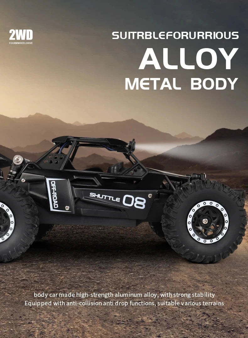 116 RC Car Remote Control vehicle with alloy metal body, ideal for various terrains and off-road adventures.