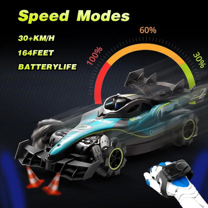 Y2 RC Car Drift Car with Light speeding at 30+ KM/H highlighted with speed modes and battery life.
