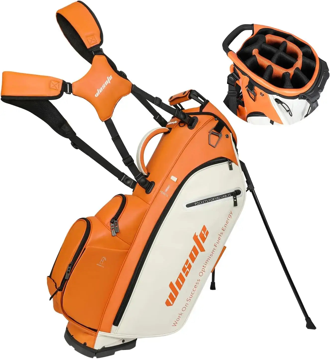 Golf Stand Bag for Men & Women in orange and white with adjustable straps and multiple pockets.