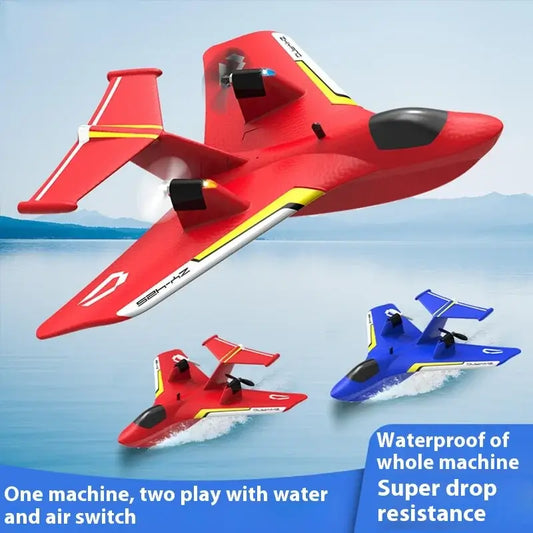 New Rc Plane 425 Water Air Remote Control Plane in red and blue flying over water, showcasing waterproof design and dual play features.
