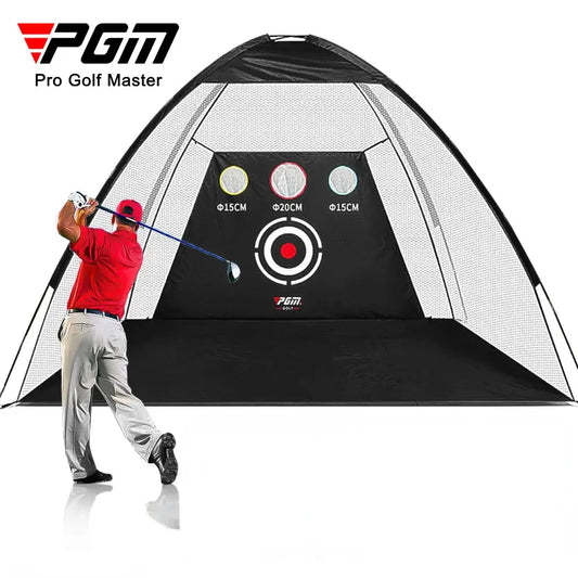 PGM 2 or 3m Indoor Golf Training Net with targeting tent and golfer practicing swing indoors.