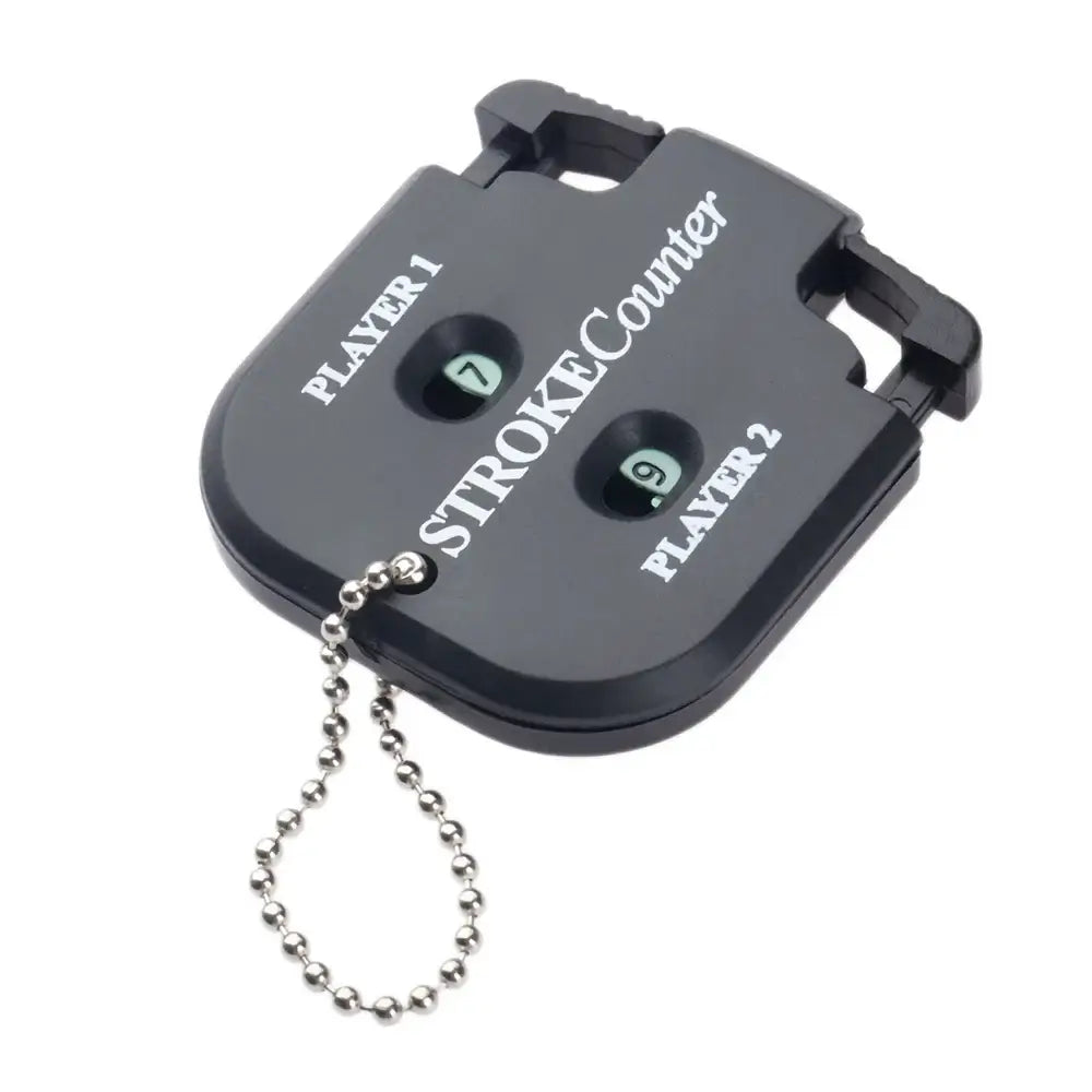 Portable golf stroke counter device with two counters for players, designed for accurate stroke counting on the course.