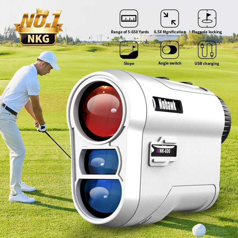 Golf laser rangefinder with slope compensation, USB rechargeable, displaying features like angle switch and magnification.