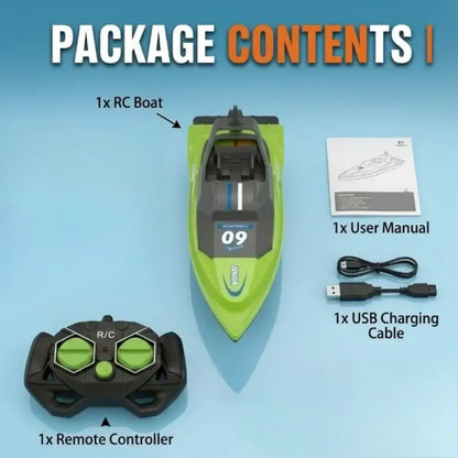 Package contents of waterproof high-speed RC boat for kids, including boat, remote controller, manual, and charging cable.