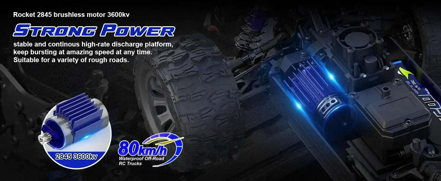 Lithium Battery RC Truck showcasing Rocket 2845 brushless motor 3600kv for high-speed off-road performance.