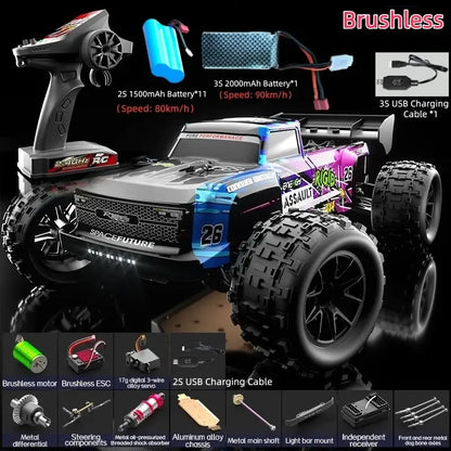 RC Car 90KMH High Speed Brushless Four-Wheel Drive features remote control and multiple batteries for dynamic racing.