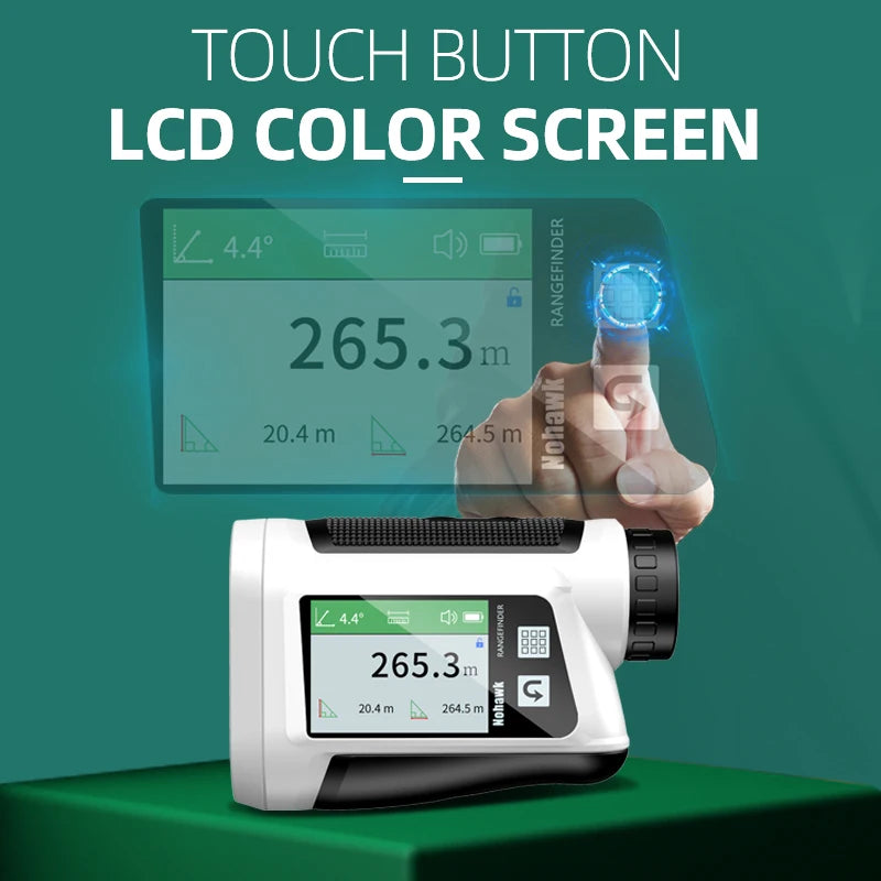 golf laser rangefinder with slope compensation featuring a touch button LCD color screen displaying measurements.