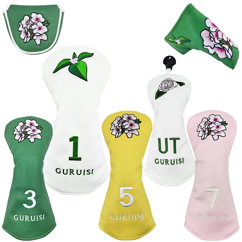 flower embroidery golf club head covers featuring floral designs for driver, fairway woods, and utility clubs.