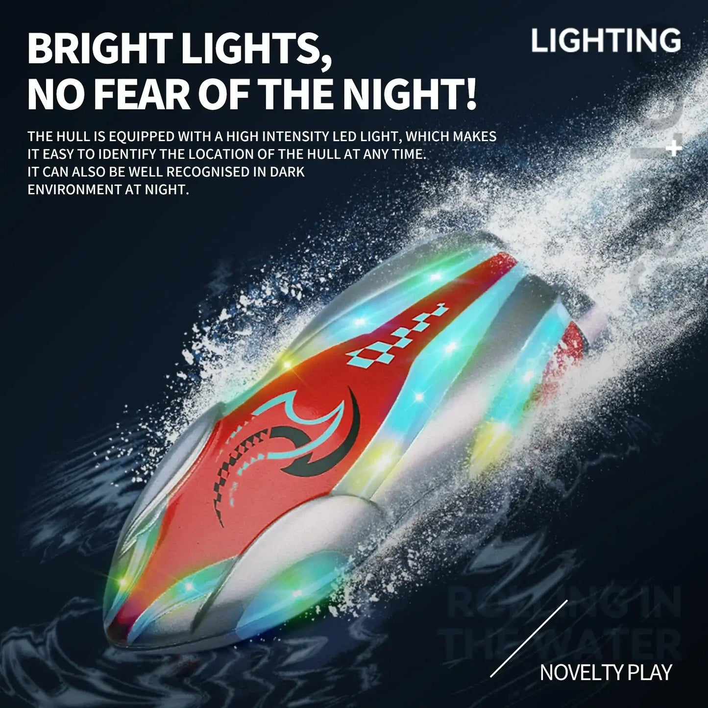 Mini Portable Electric Rc Boat showcasing bright LED lights in water, ideal for night use with high visibility.