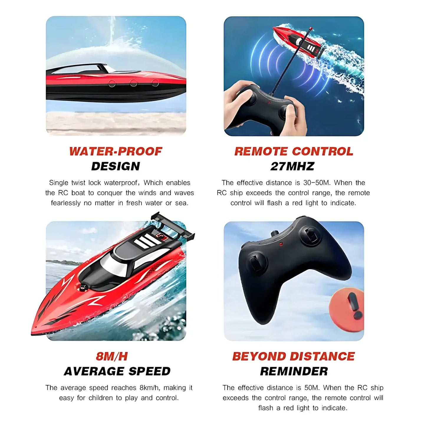 High-Speed RC Boat for Kids, Waterproof 27MHz Dual Motor features water-proof design and remote control capabilities.
