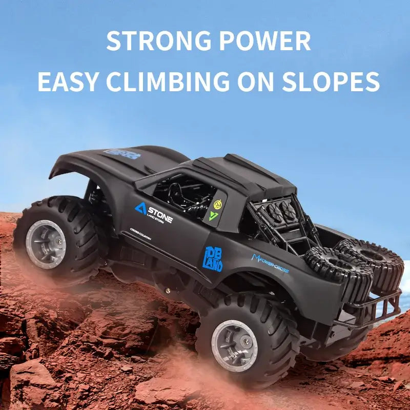 Four-wheel Drive Remote Control Car navigating rocky terrain showcasing strong power and ease on slopes.