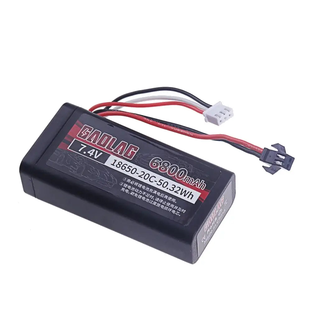18650 Li-ion Battery 7.4V 6800mAh showcasing product specifications and available connectors.