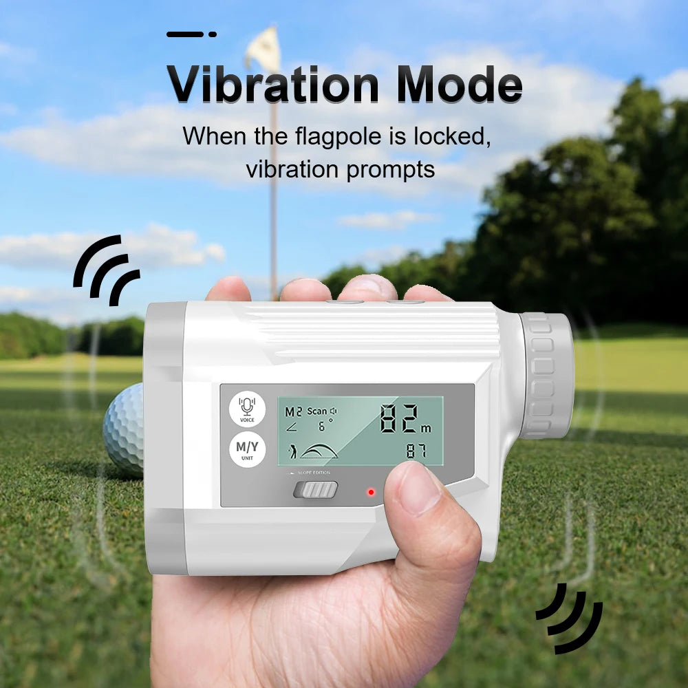 Golf laser rangefinder with slope compensation showing vibration mode feature in use on a golf course.