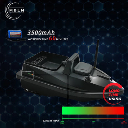 remote control bait boat with 3500mAh battery, working time of 60 minutes and long usage time indicator.