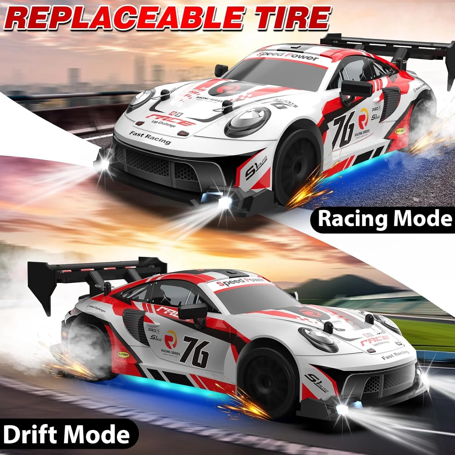 RC drift cars for kids showing replaceable tire feature in racing and drift modes.