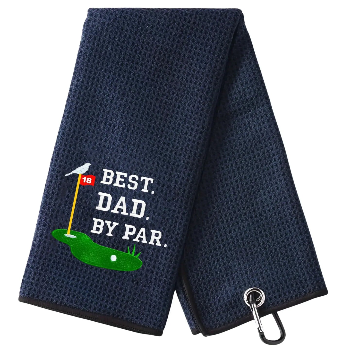 Microfiber Premium Golf Towel, Embroidered Golf Towels featuring 'Best Dad By Par' design with carabiner clip.