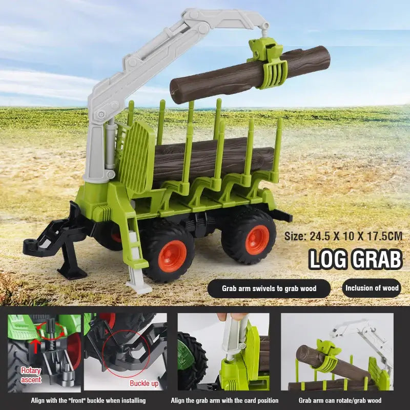 Remote Control Tractor with log grabber toy, designed for children, featuring movable arm and included wood.