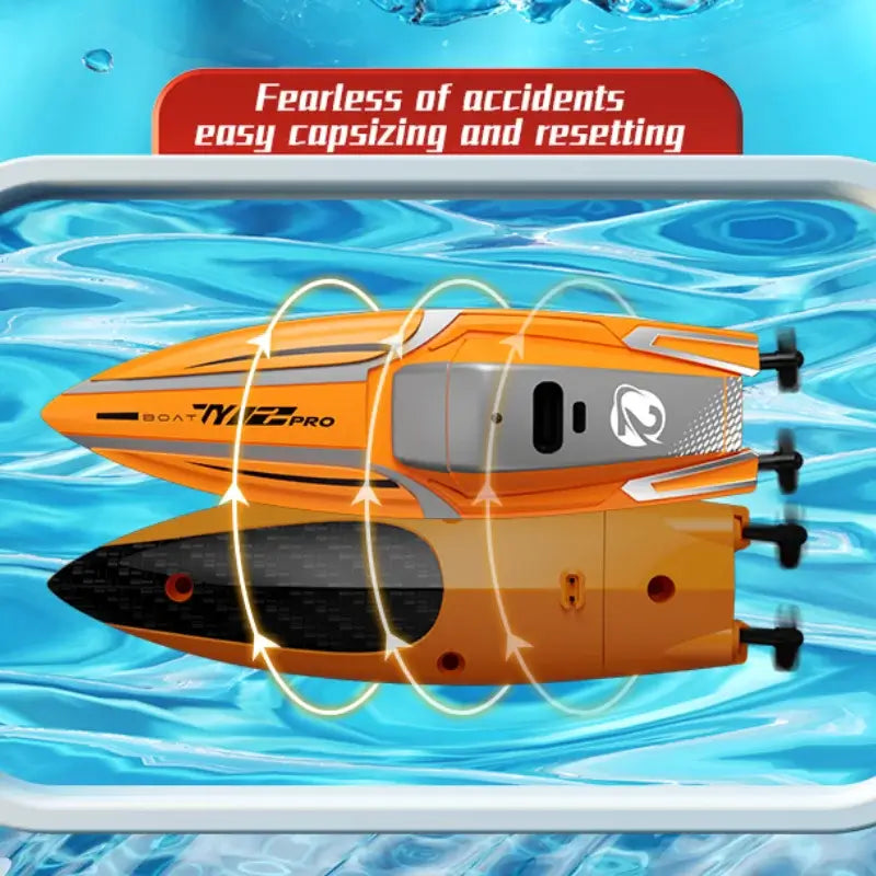 RC Racing Speedboat Mini Remote Control Stunt Boat showcasing fearless capsizing features in water.