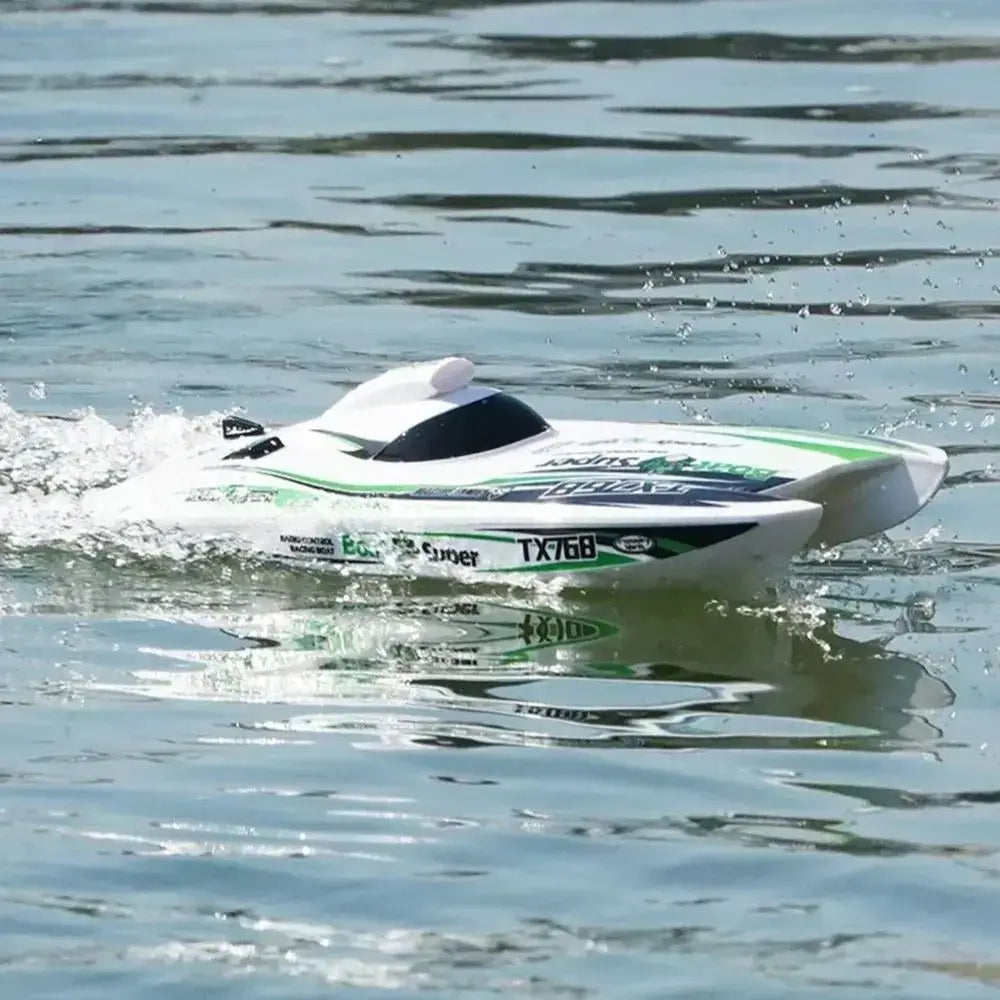 TX768 RC Boat racing on water, showcasing high speed and advanced brushless motor technology.