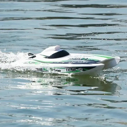 TX768 RC Boat racing on water, showcasing high speed and advanced brushless motor technology.