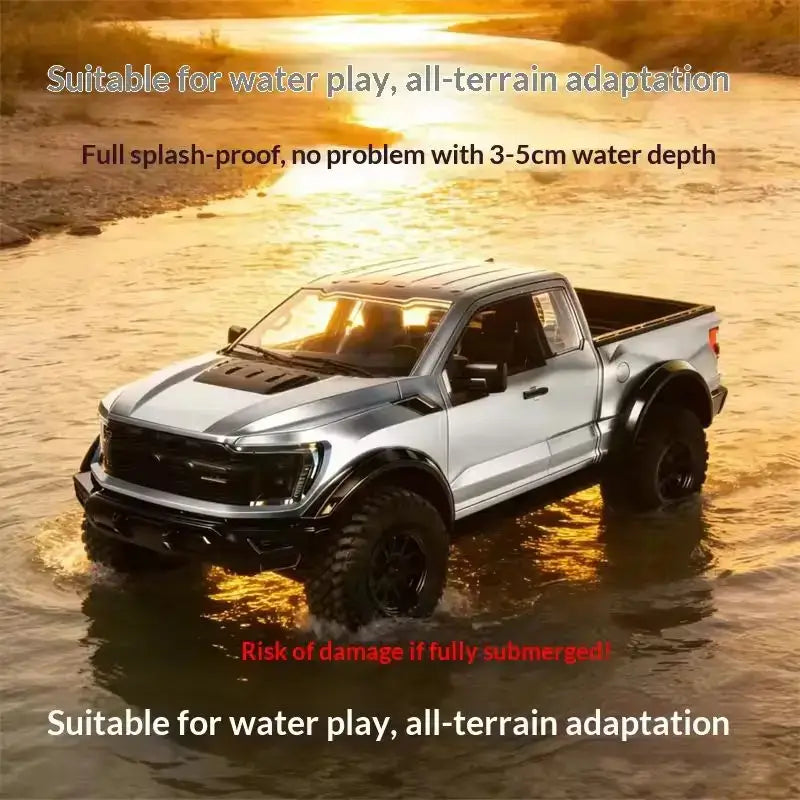 F-150 Raptor RC truck driving through water, showcasing off-road capabilities and splash-proof design.