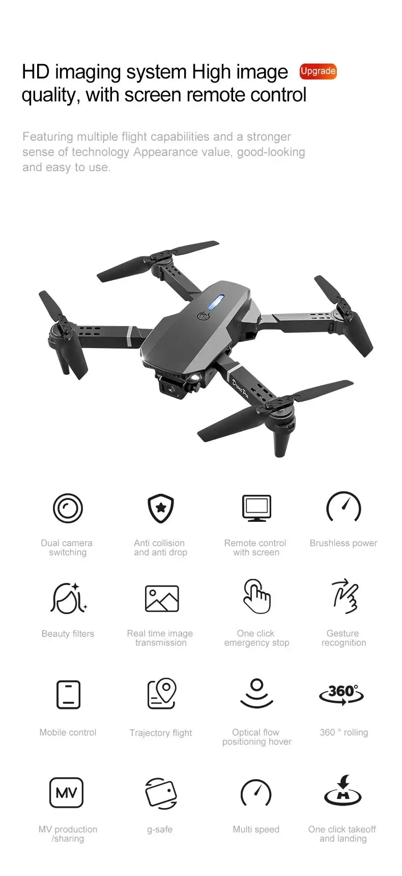 New E88 RC Drone with HD imaging system, remote control, and advanced flight capabilities for stunning aerial photography.