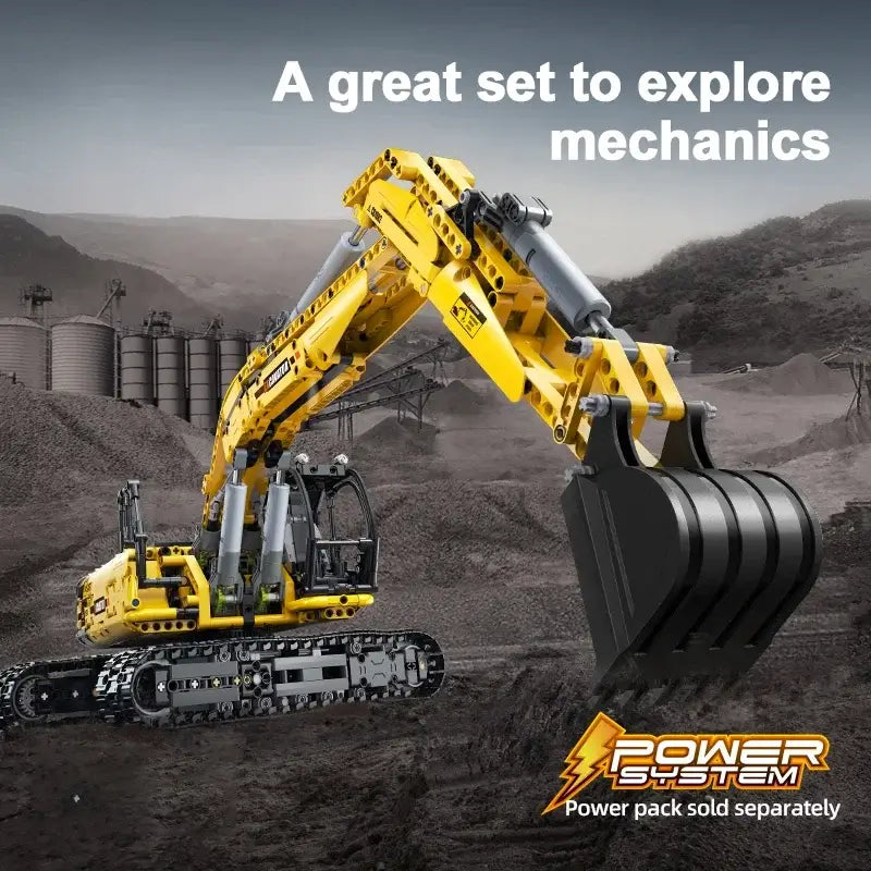 RC Excavator model building blocks showcasing mechanics in a realistic construction site setting.