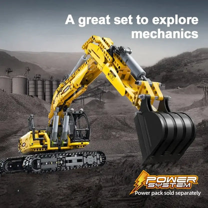 RC Excavator model building blocks showcasing mechanics in a realistic construction site setting.