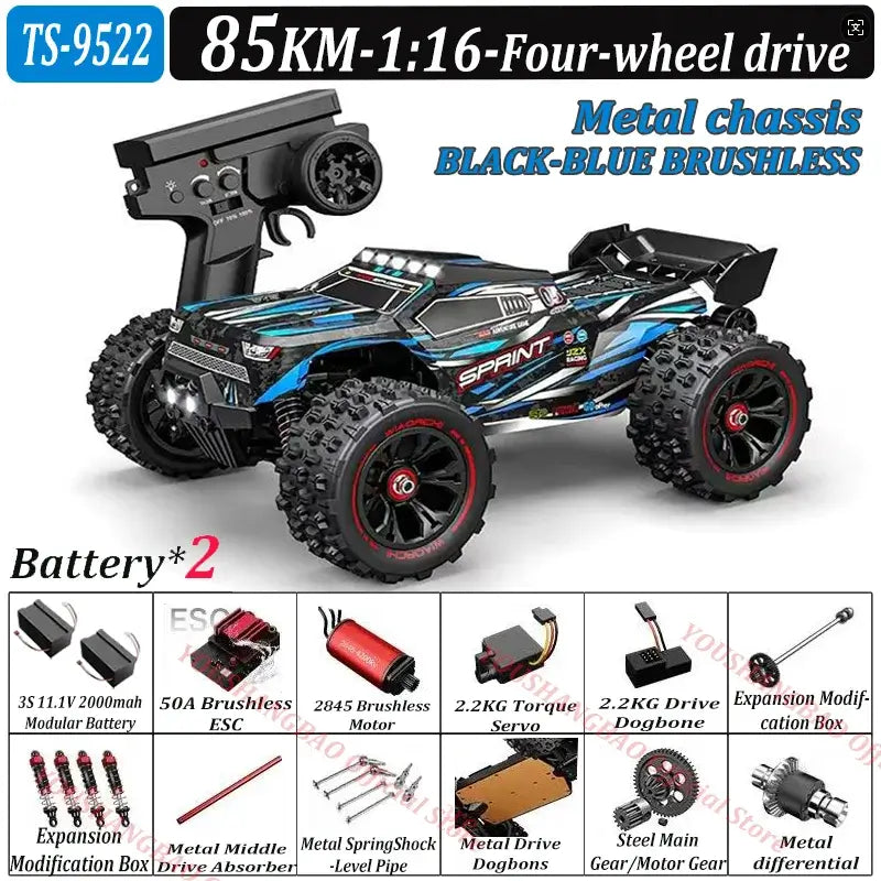 RC Car 80 Kilometers or 50 Kilometers with metal chassis and brushless motor, four-wheel drive, and remote control.