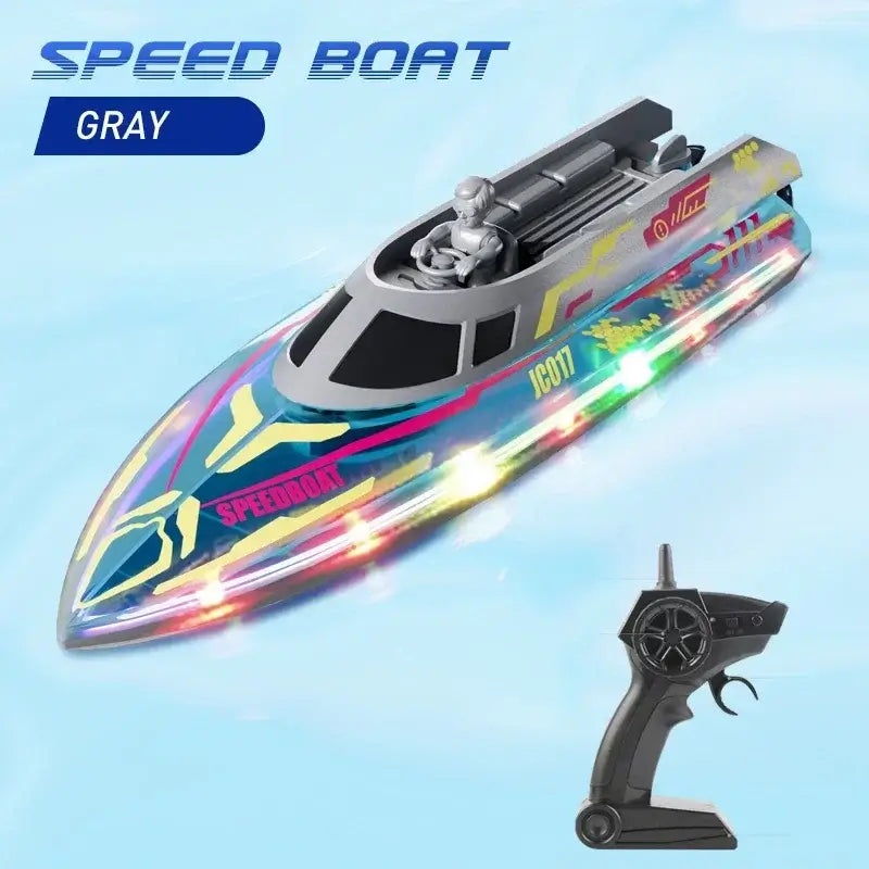 electric remote control speedboat in gray with colorful lights and remote control.