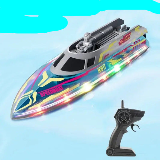 electric remote control speedboat in gray with colorful lights and remote control.