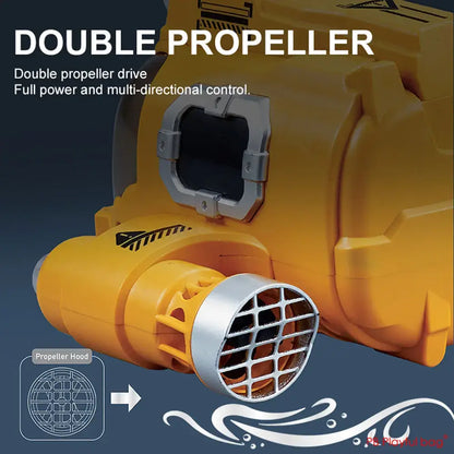 RC Electric Shooting Boat double propeller system for agile maneuvers and multi-directional control.