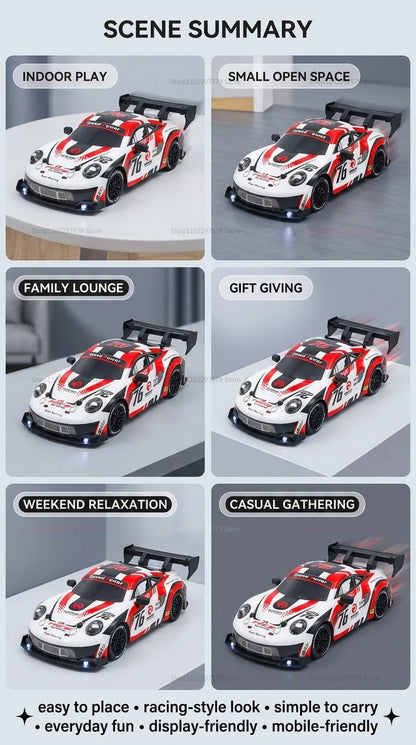 RC drift cars for kids showcased in various scenes: indoor play, family lounge, gift giving, weekend relaxation, casual gathering.