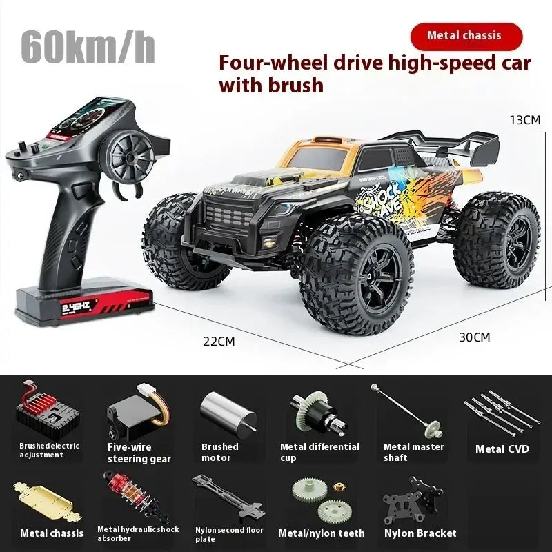 High-speed 4WD RC truck with brush and remote, capable of speeds up to 60km/h, showcased with technical specifications.