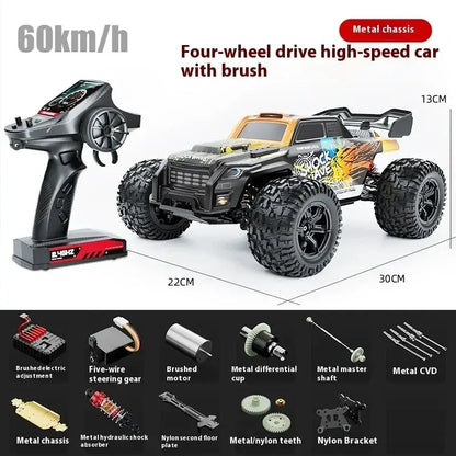 High-speed 4WD RC truck with brush and remote, capable of speeds up to 60km/h, showcased with technical specifications.